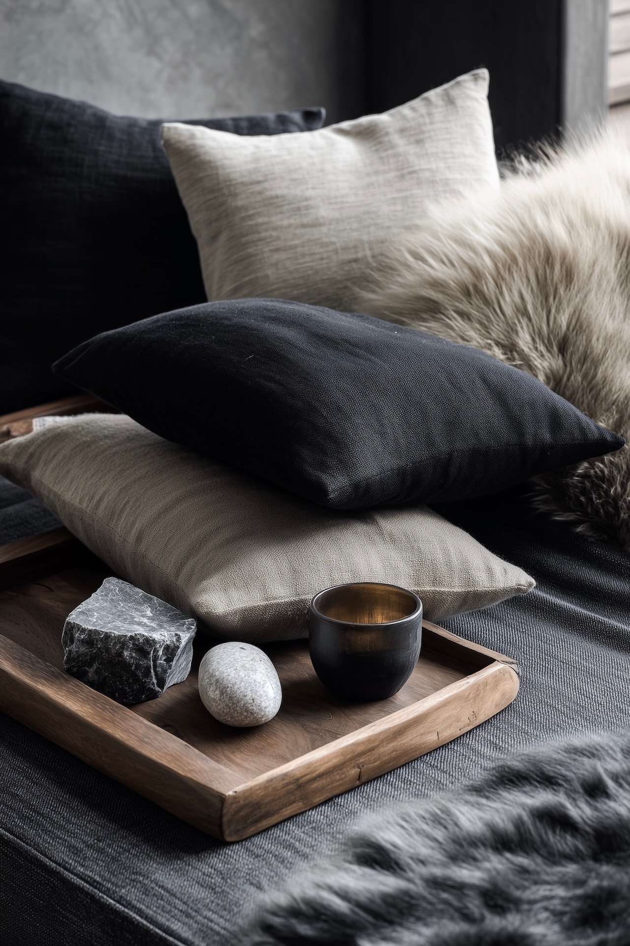 détails salon bois pierre textiles naturels