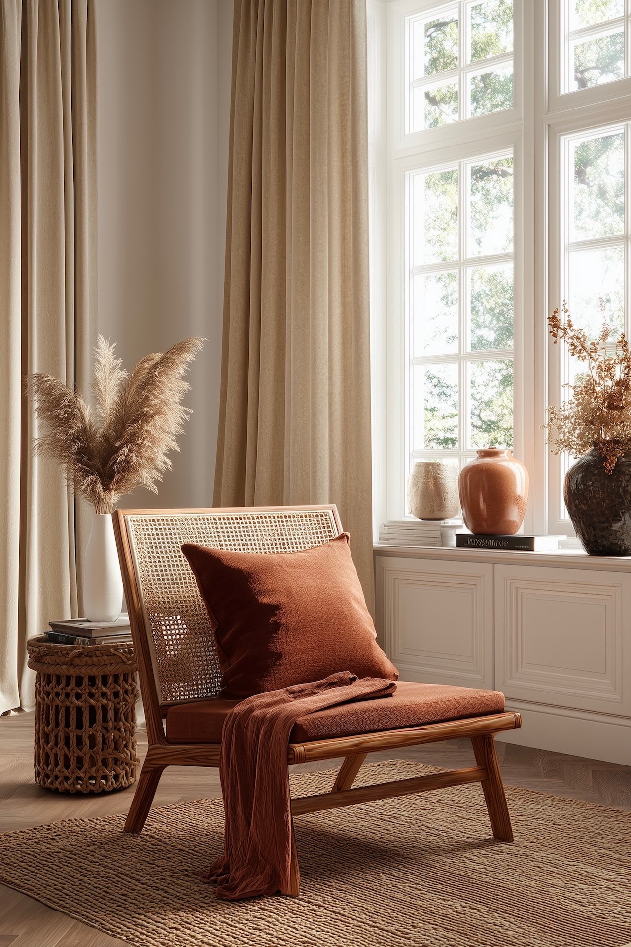 fauteuil cannage brun coin lecture blog déco