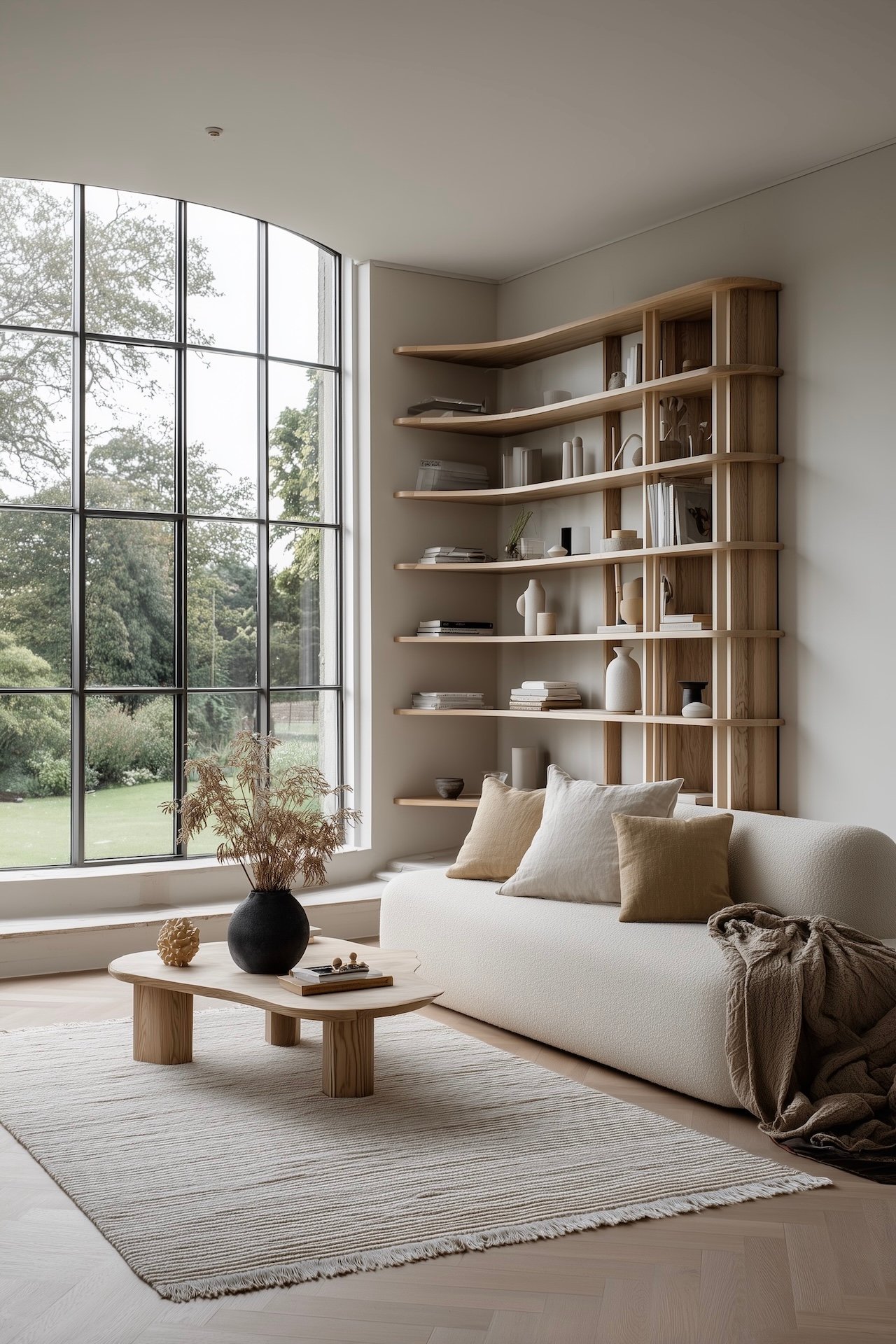 salon lumineux étagères bois arrondie angle