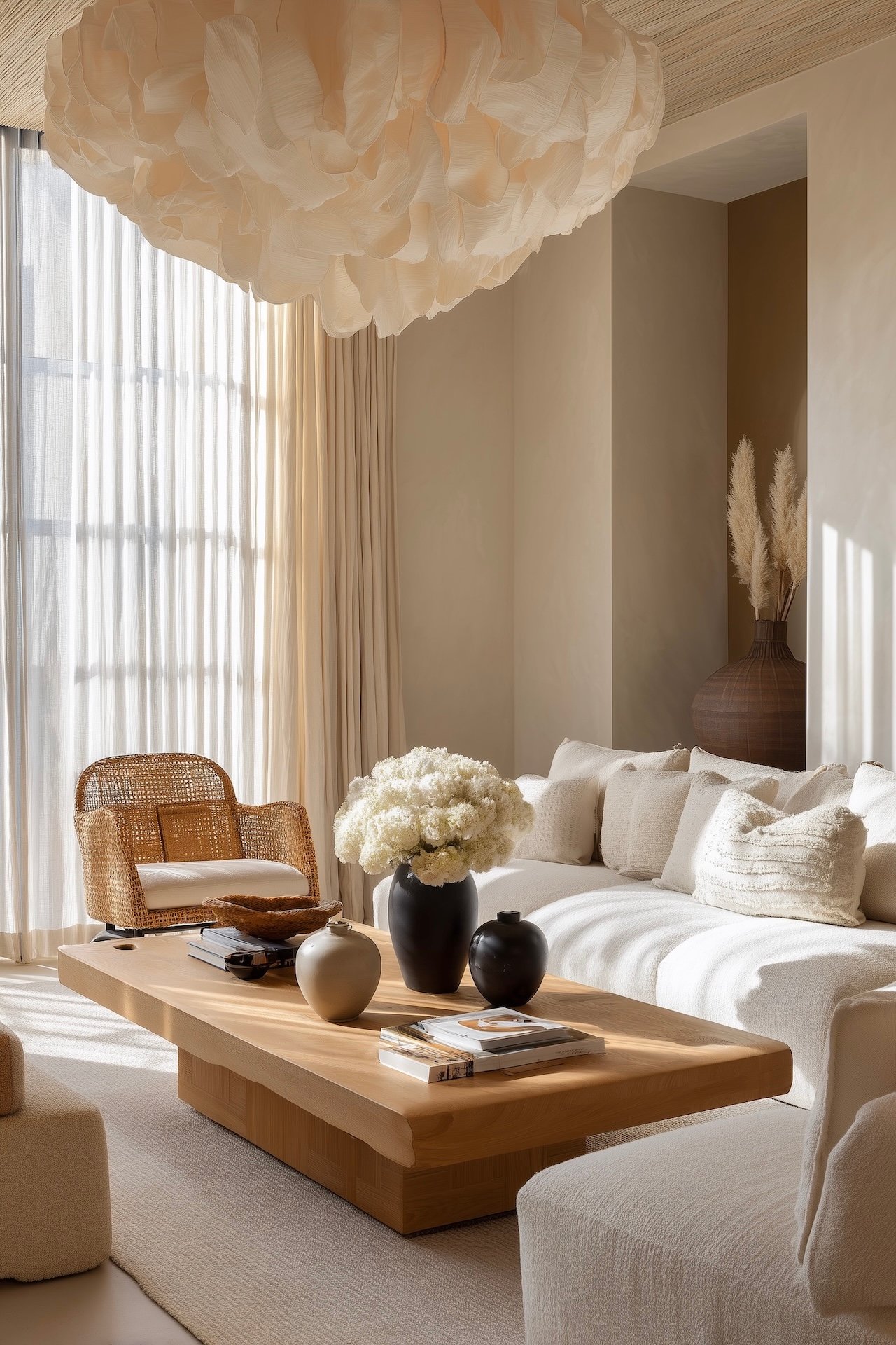 salon moderne naturel canapé épuré bois rotin décoration minimale