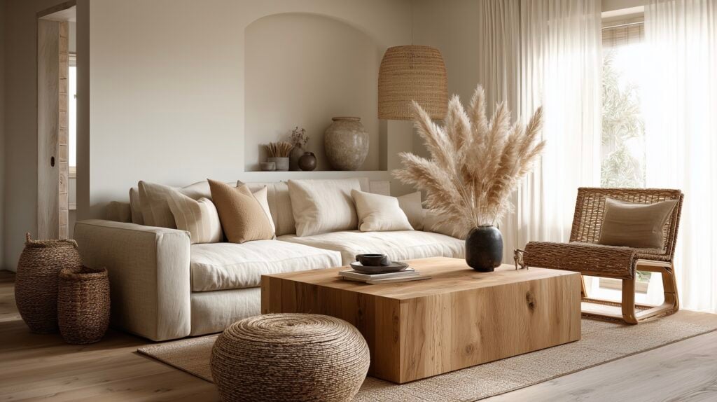 salon scandinave chêne clair luminosité naturelle étagères bois