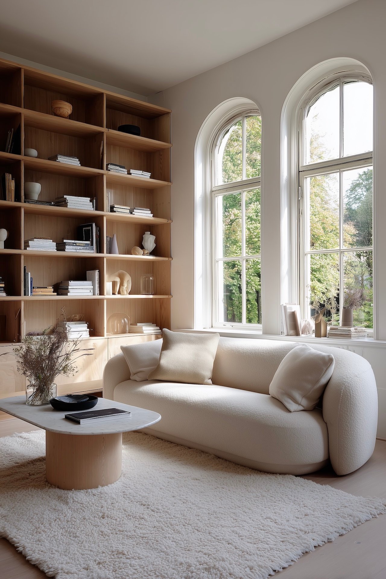 salon scandinave chêne étagères naturelles