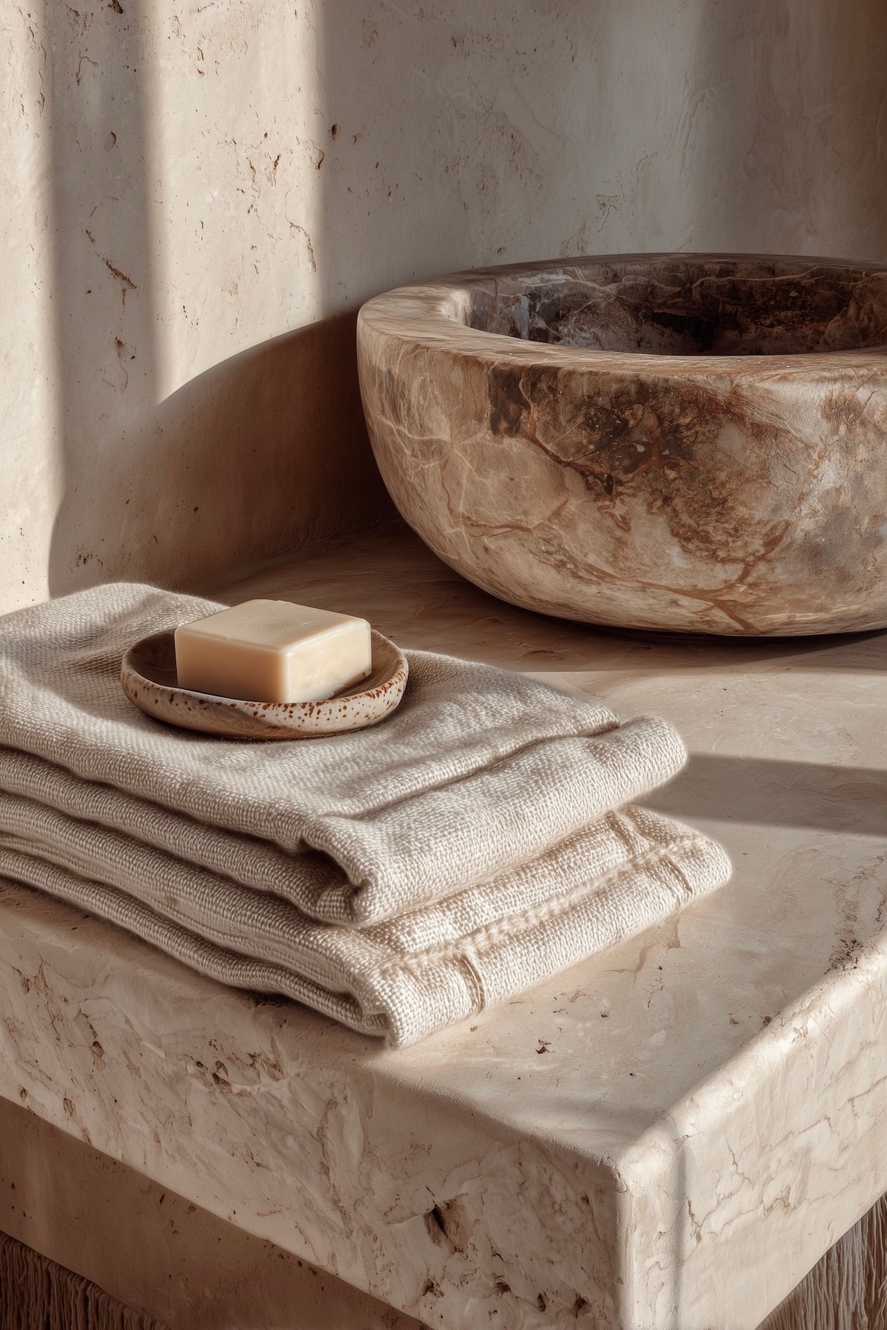 vasque pierre serviettes lin lumière douce