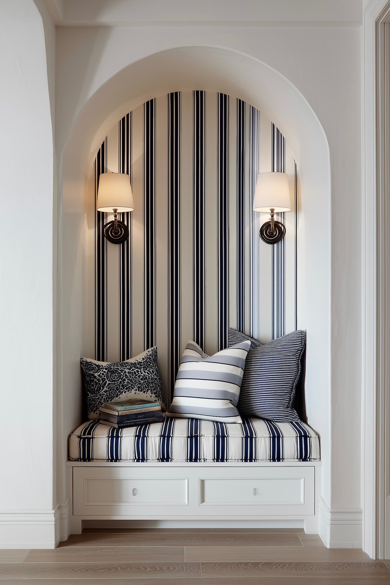 alcove niche lecture rayures bleu coussins élégants