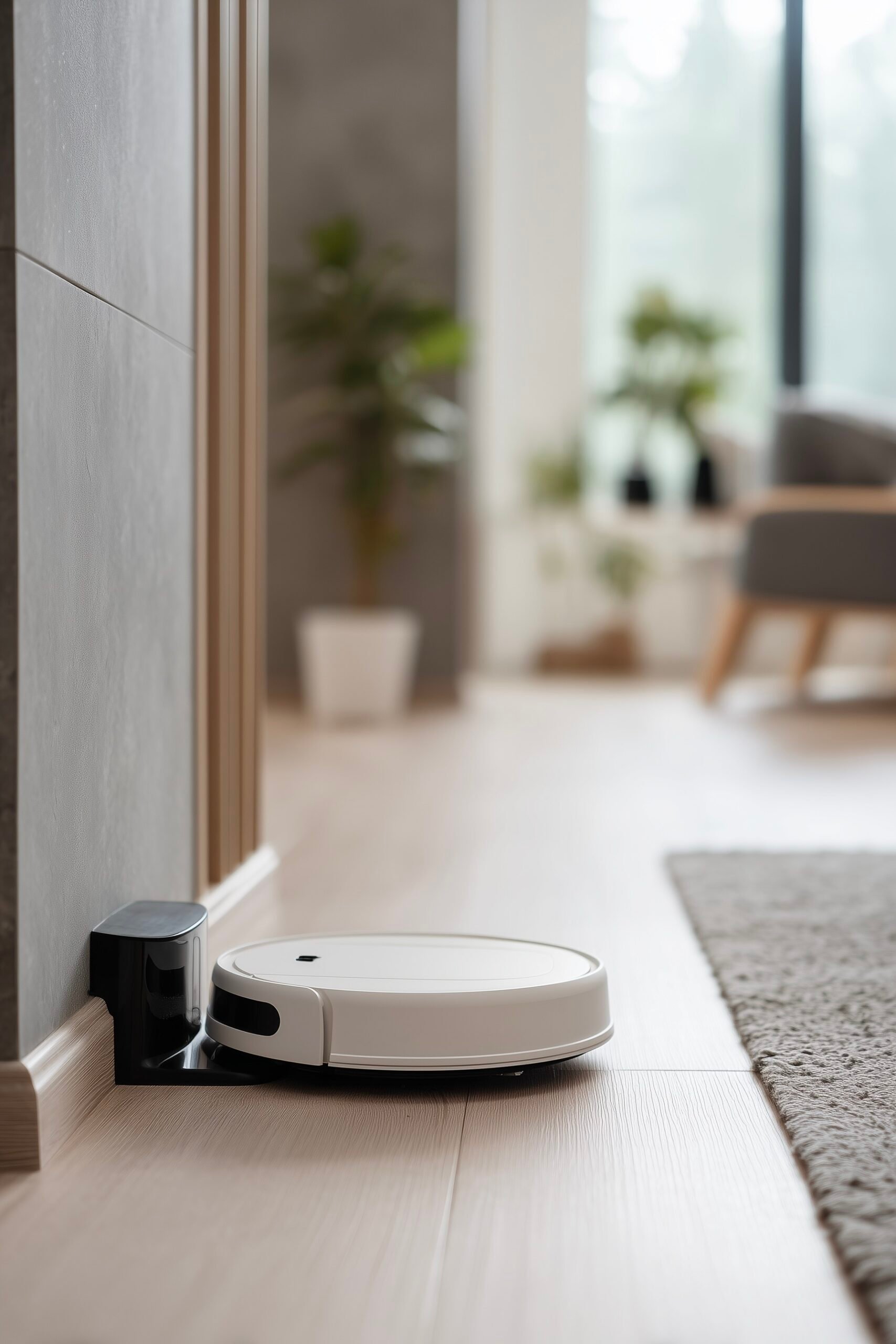 aspirateur robot blanc nettoyant du parquet retour base