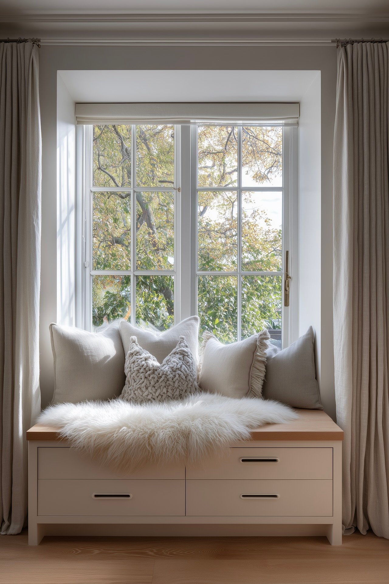 banquette lecture fenêtre lumière douce nordique