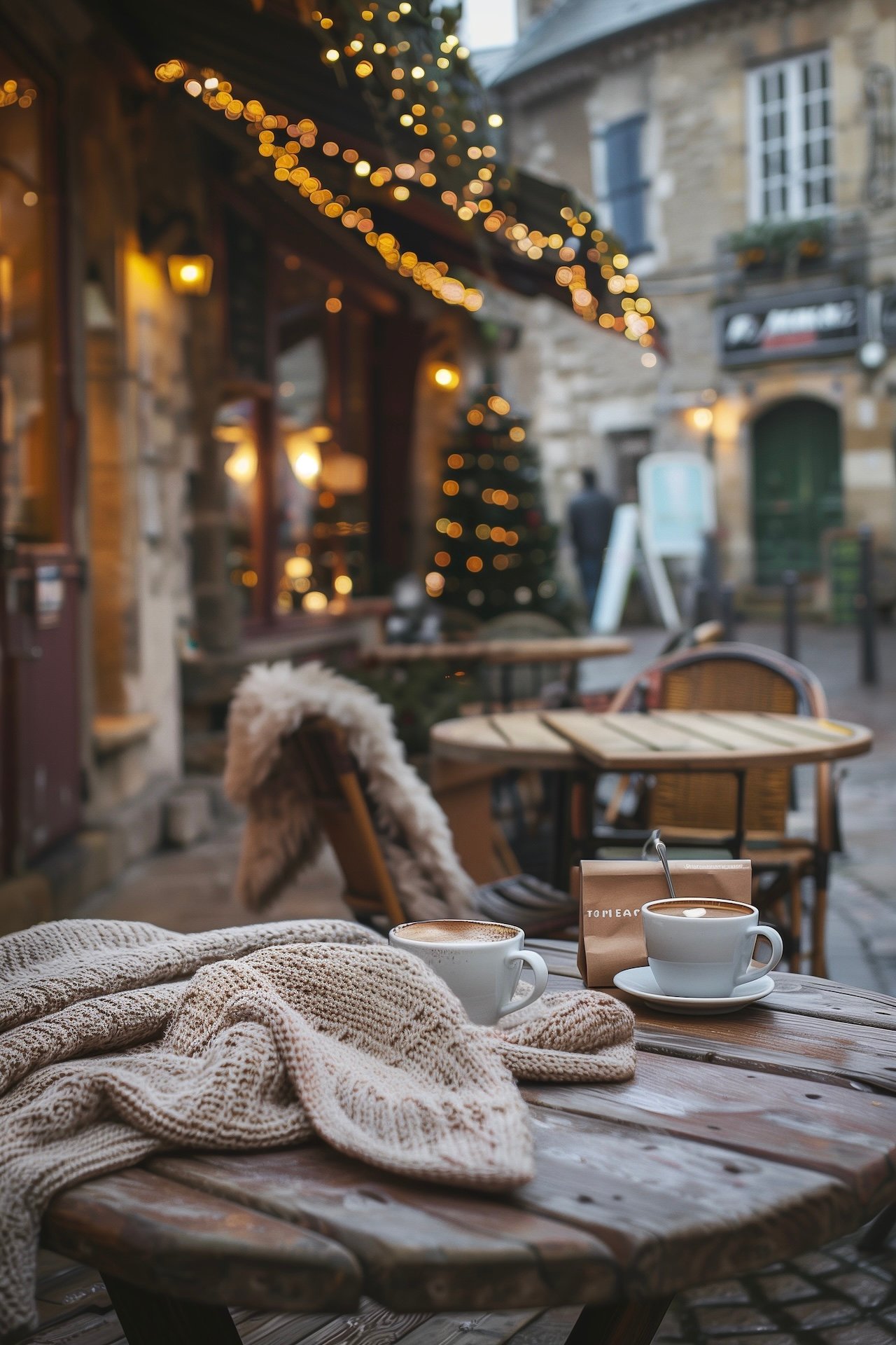 café terrasse village France cosy hiver