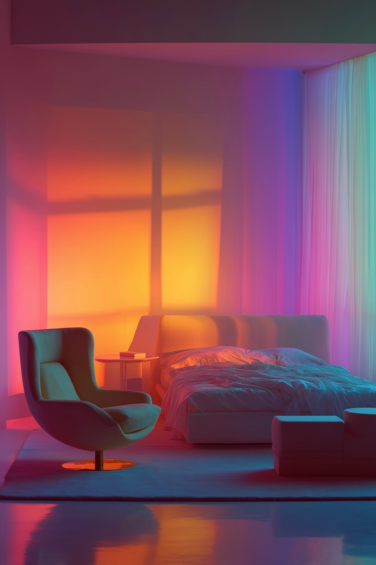 chambre style années 80 luminaire arc en ciel