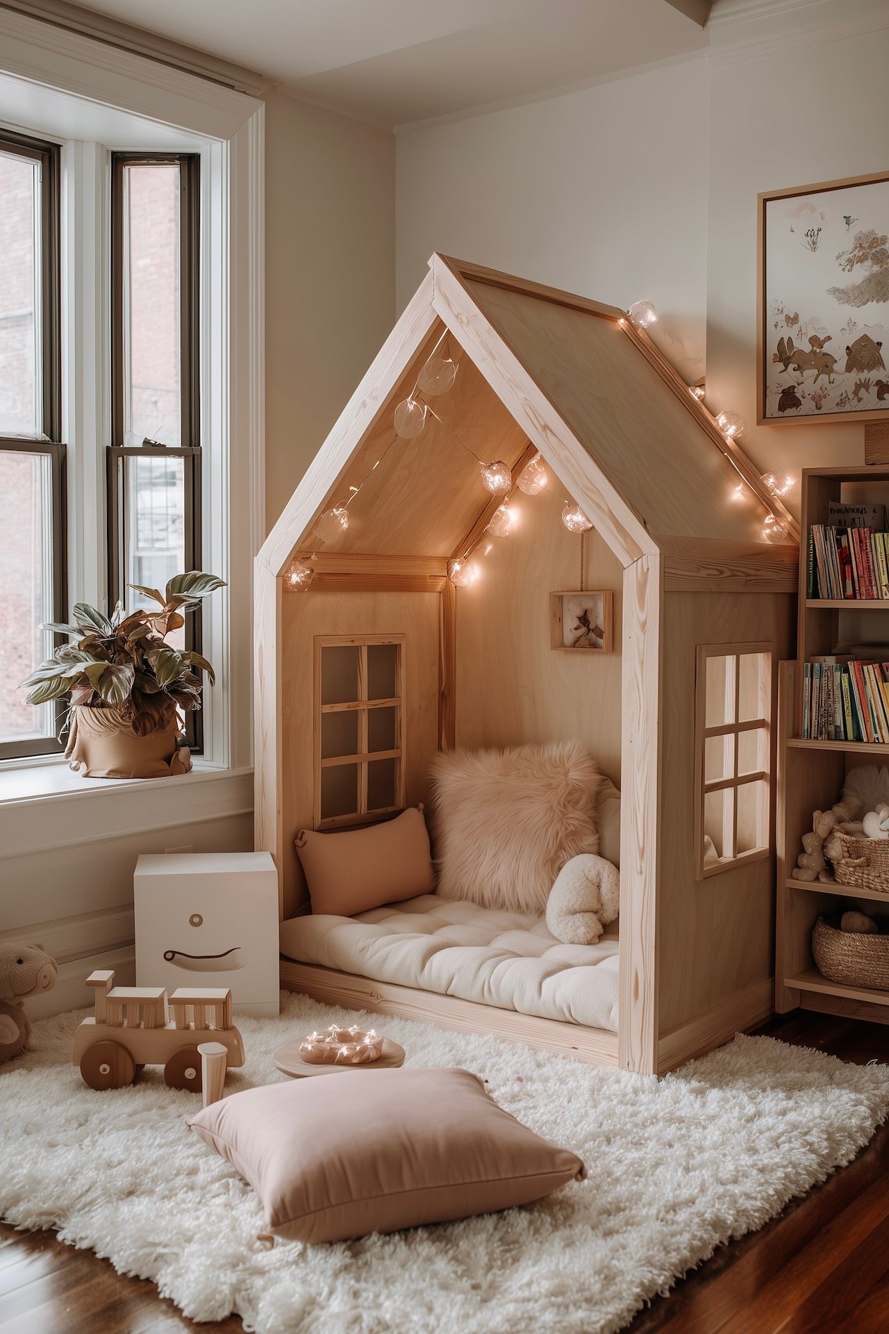 coin lecture chambre enfant cabane bois cosy