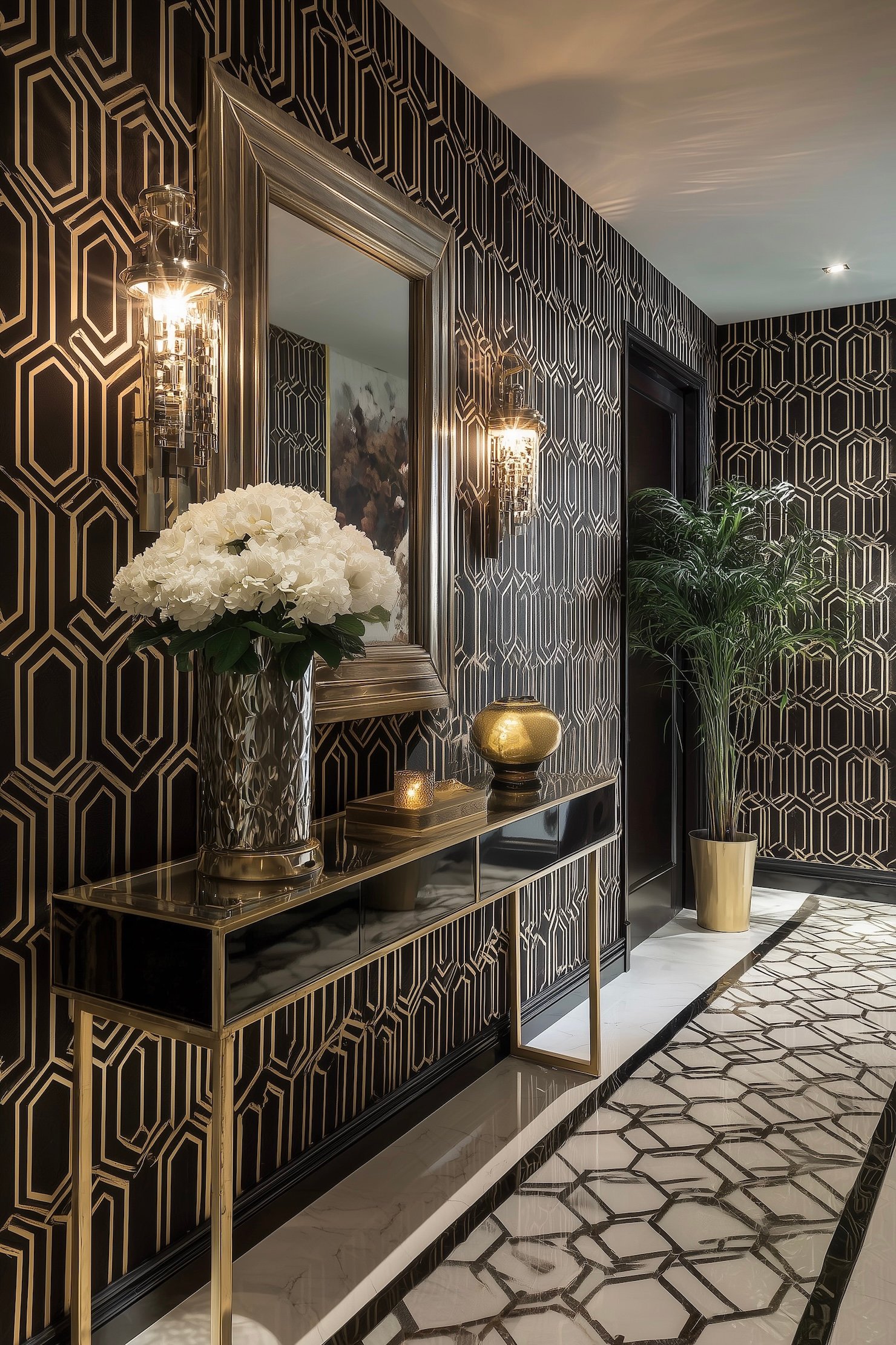 entrée appartement théatrale marbre laiton graphique