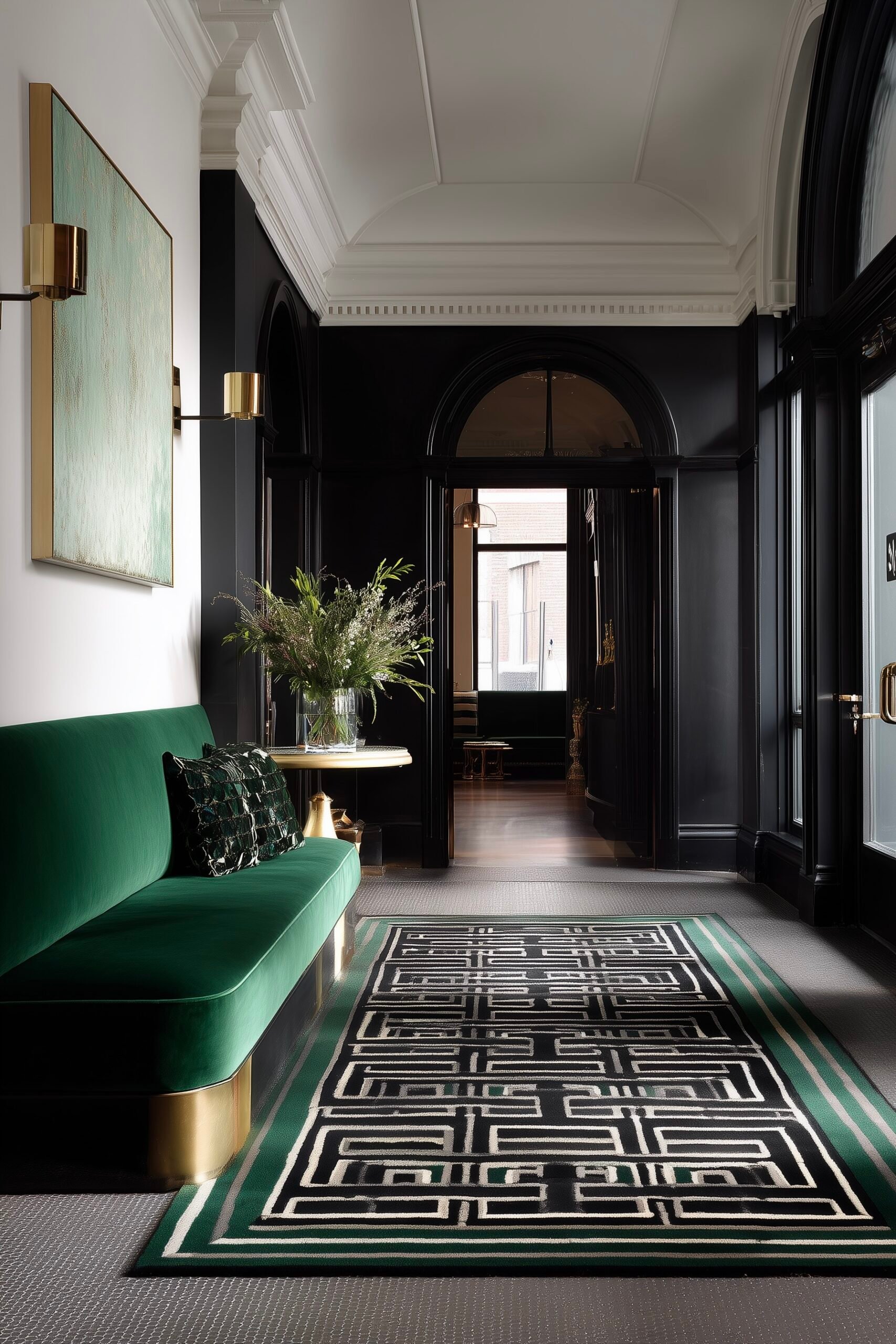 entrée banquette verte laiton tapis velours graphique