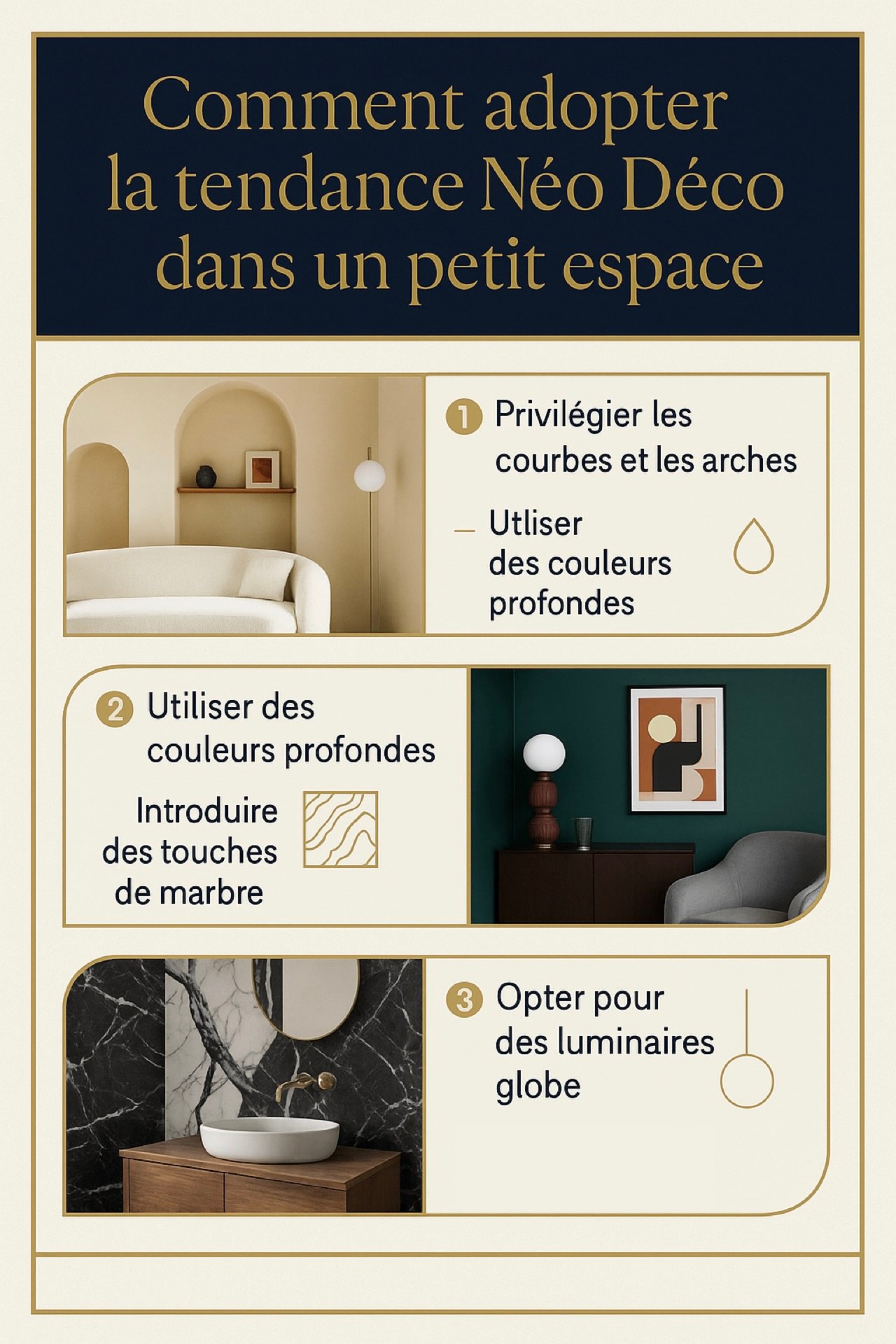 infographie style Néo Art Déco petit appartement astuces