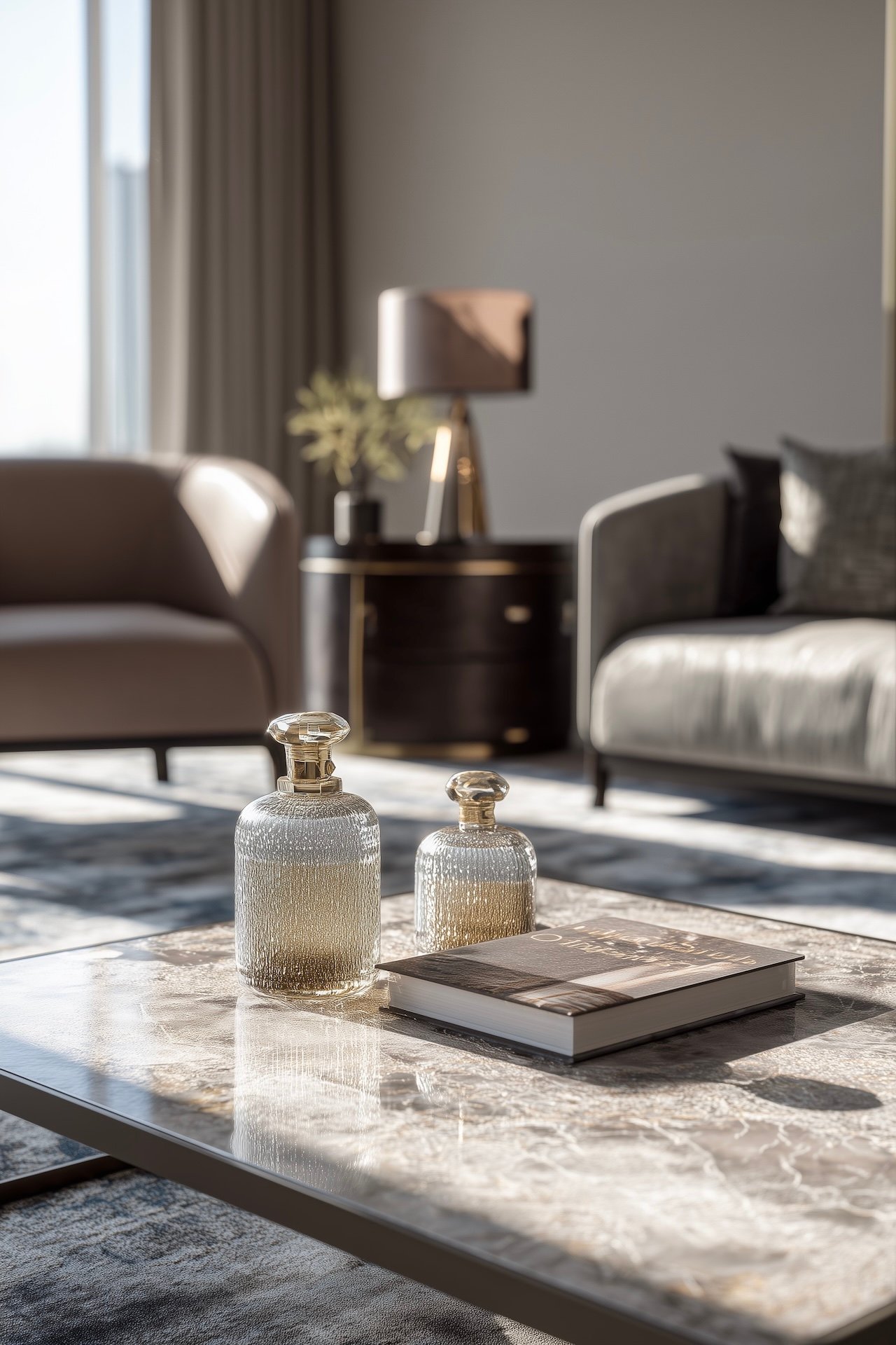 intérieur luxe flacons verre marbre lumineux