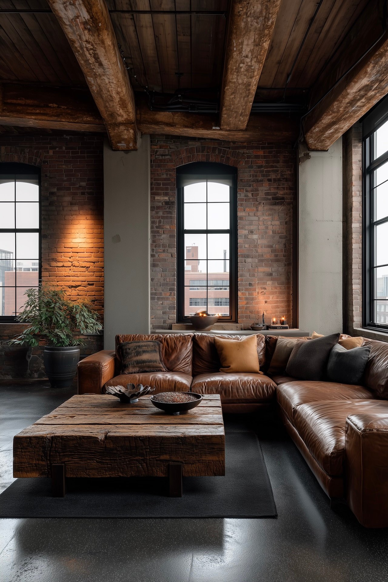 loft New Yorkais décoration factory poutres bois briques