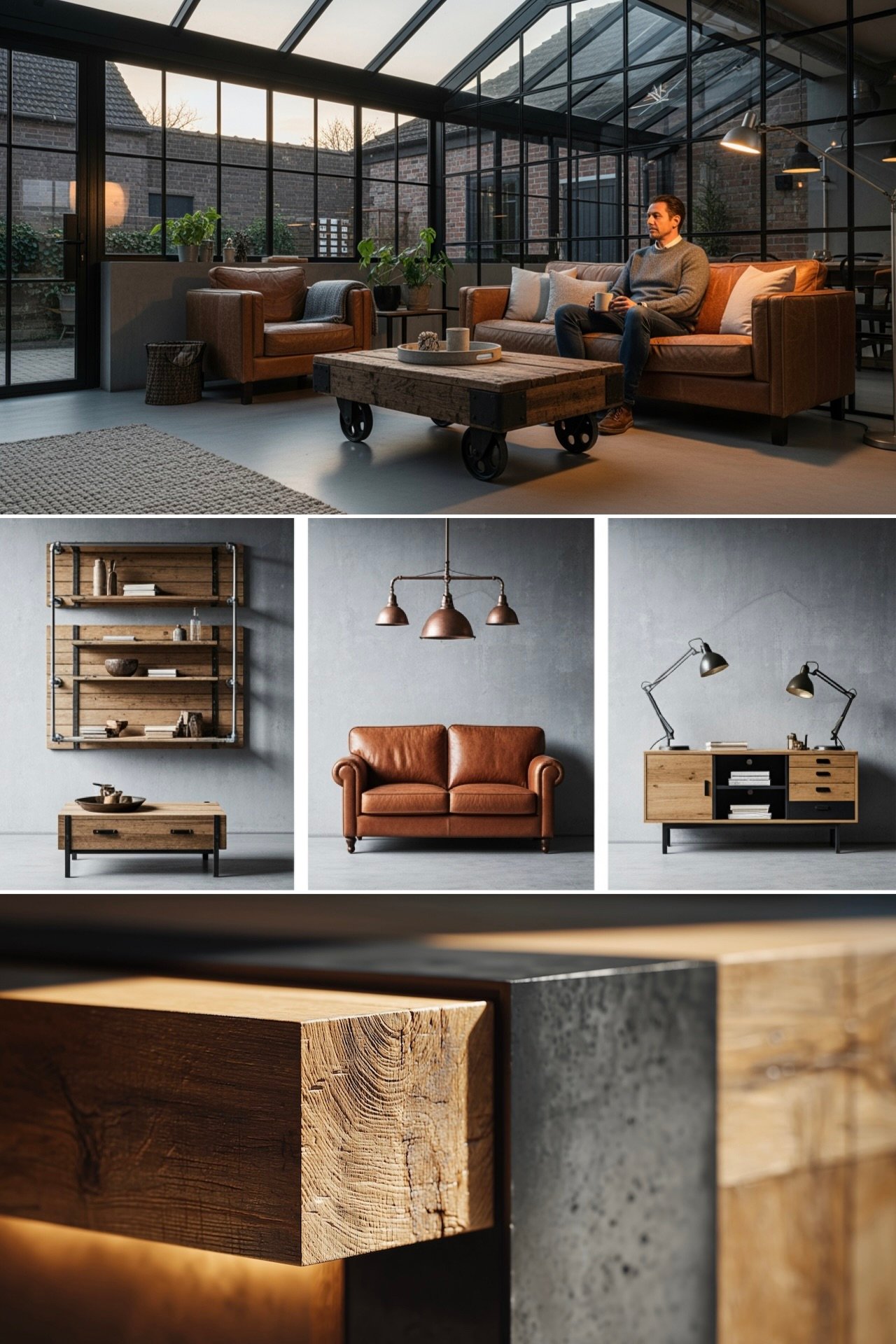 matériaux décoration séjour ouvert style industriel