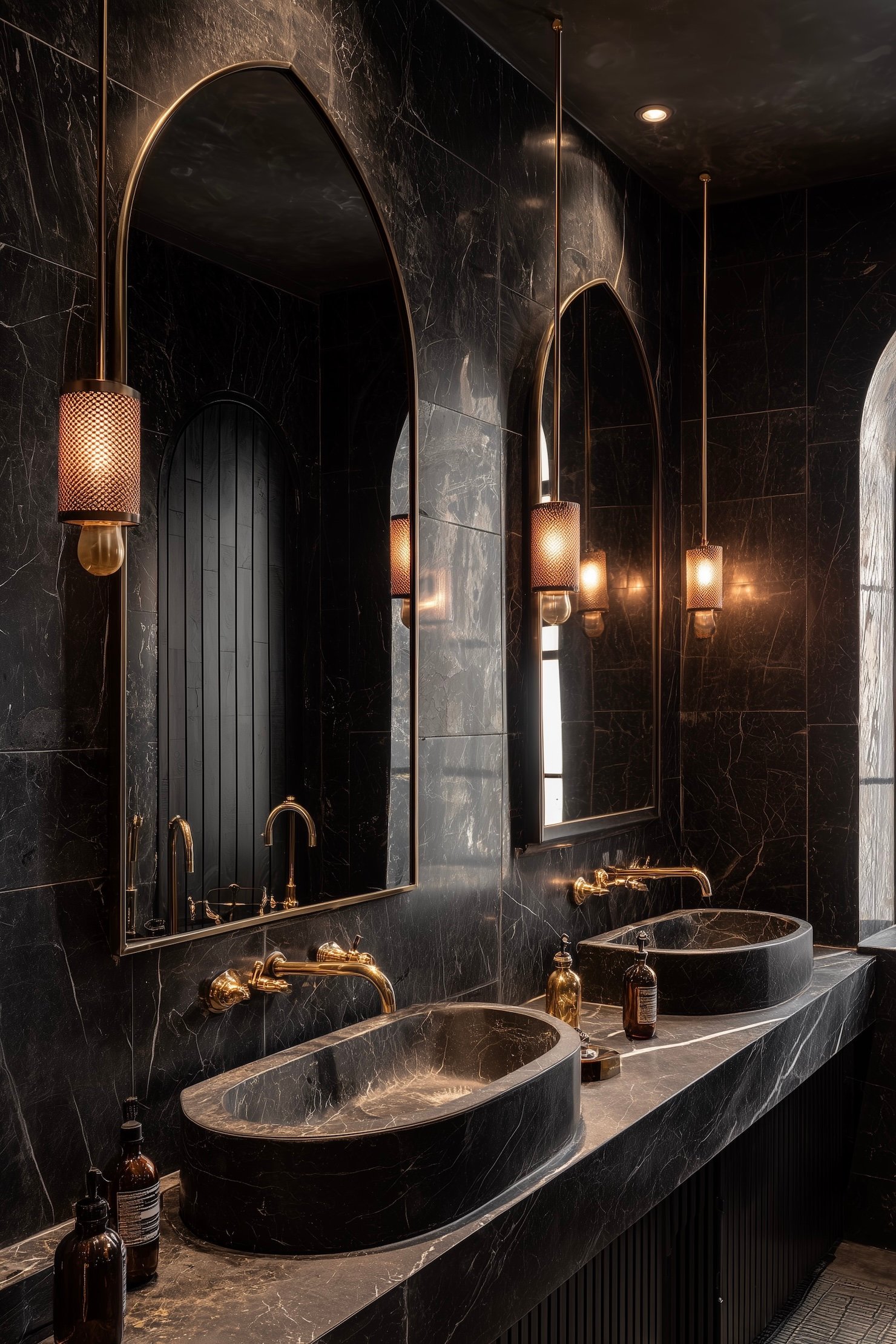 meuble vasque marbre noir robinet or mat