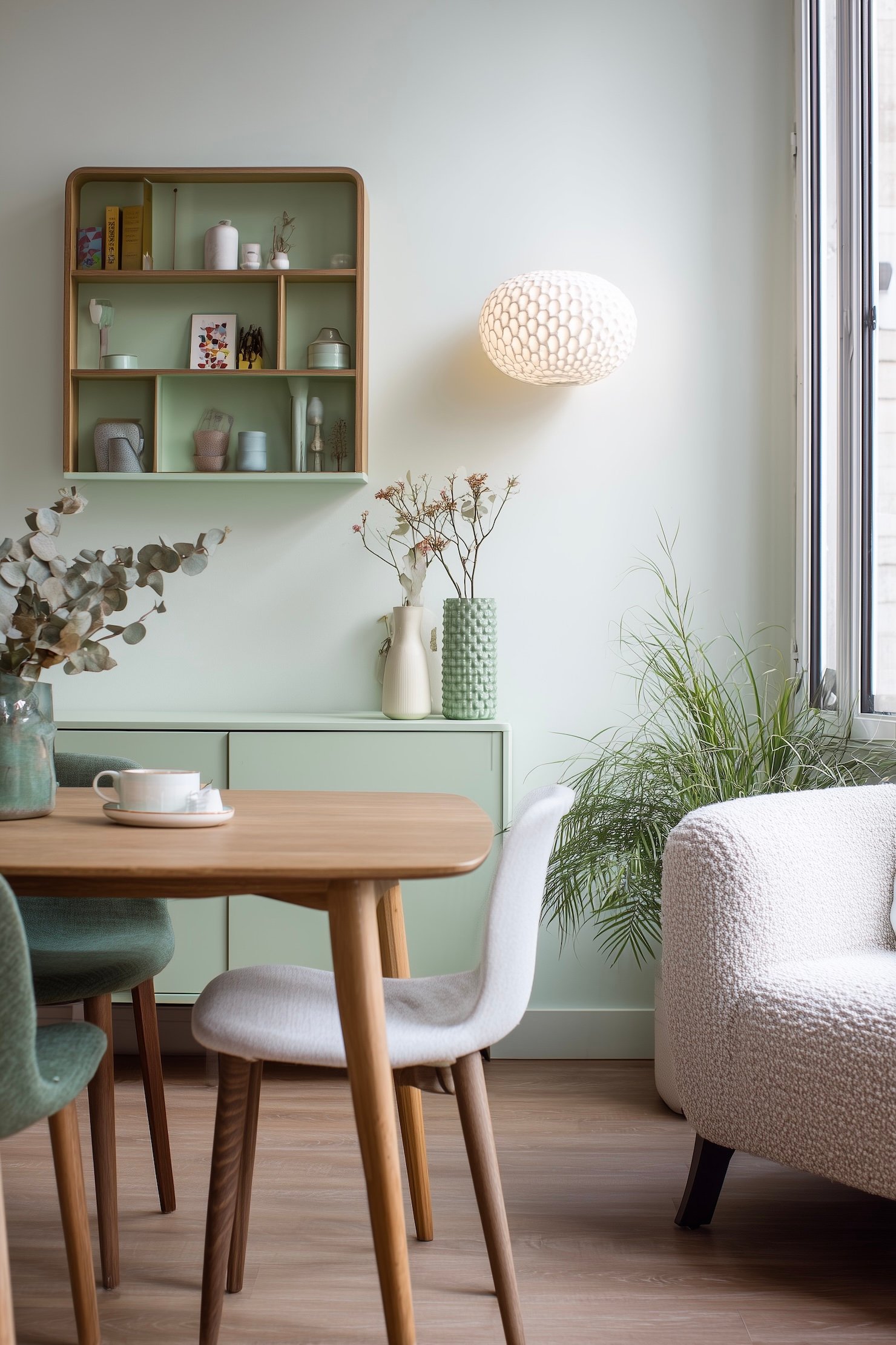 petit salon vert céladon menthe coin repas