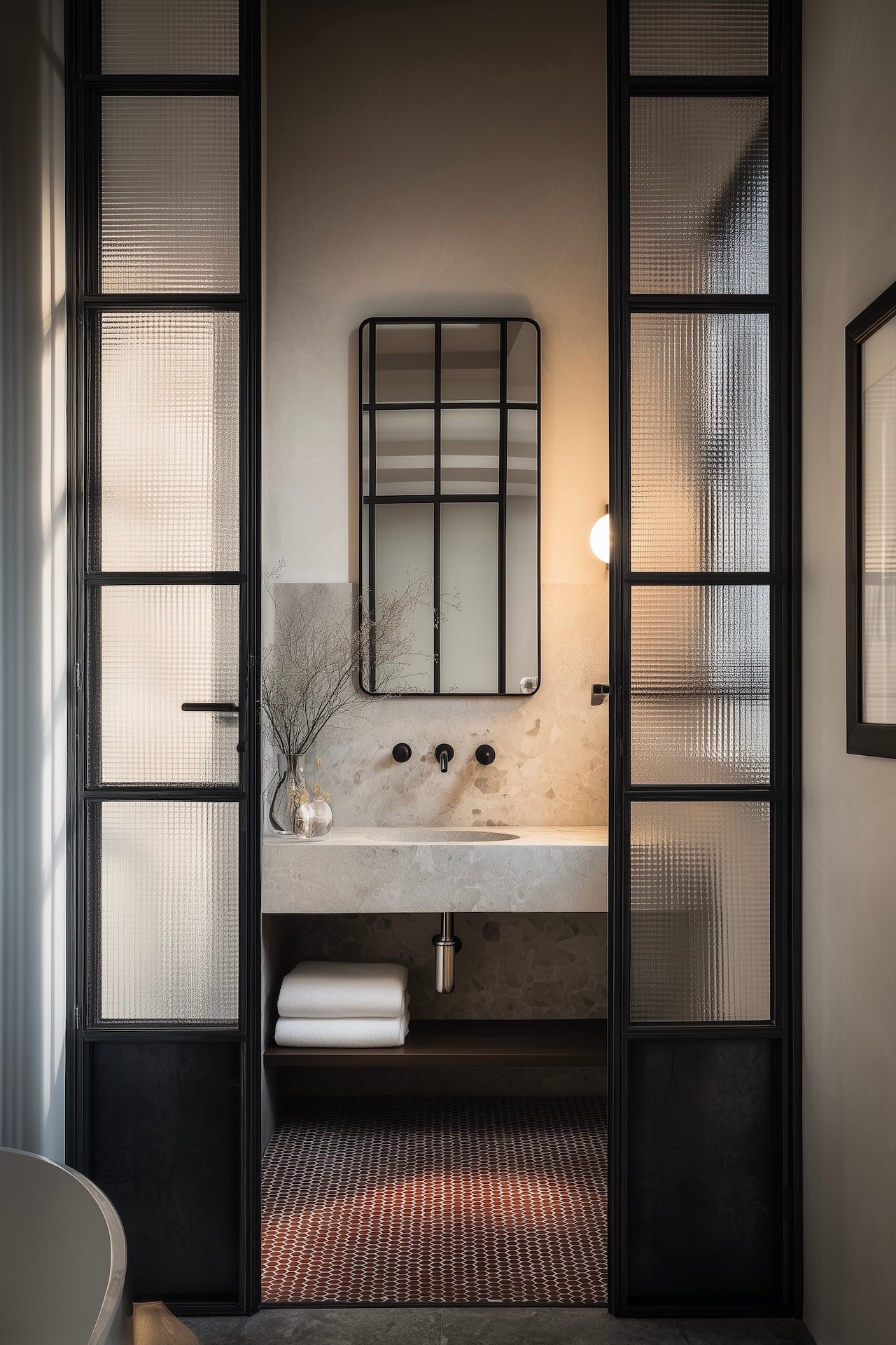 porte vitrée cannelée structure métal suite parentale