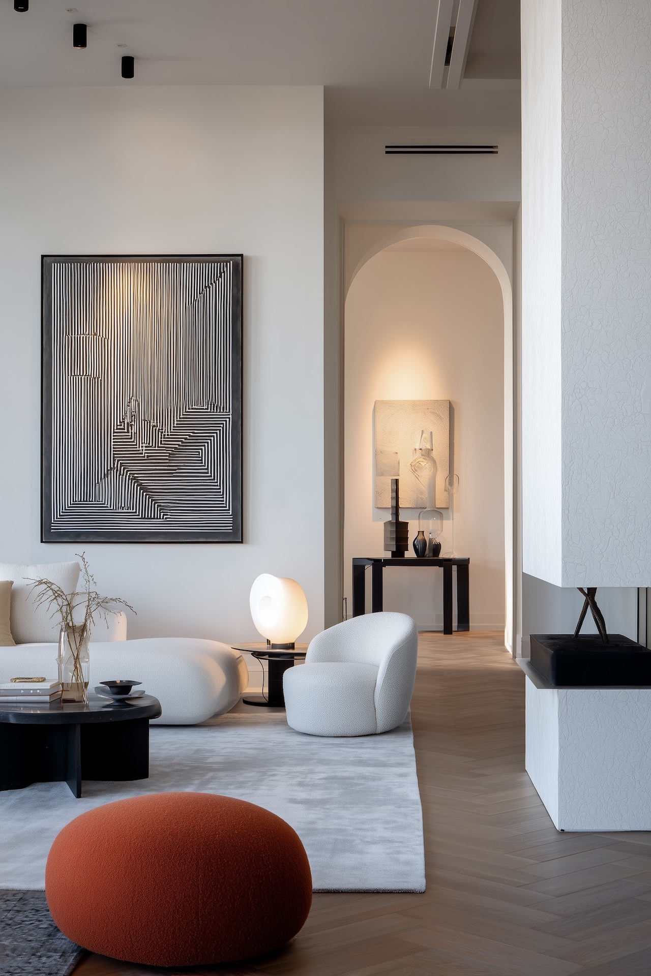 salon contemporain chic confortable pouf orange rond