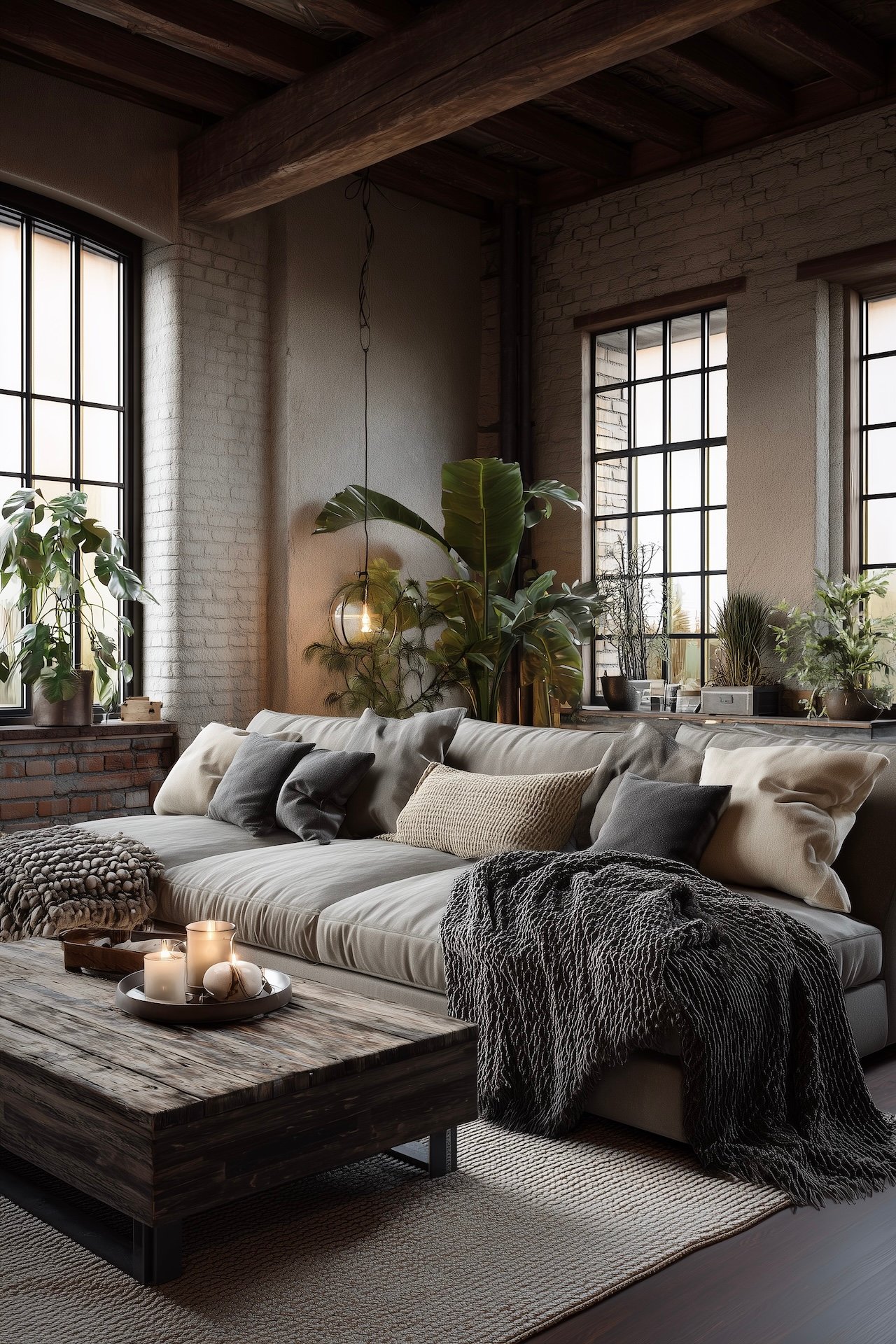 séjour ouvert mobilier brut bois métal mur briques peint blanc