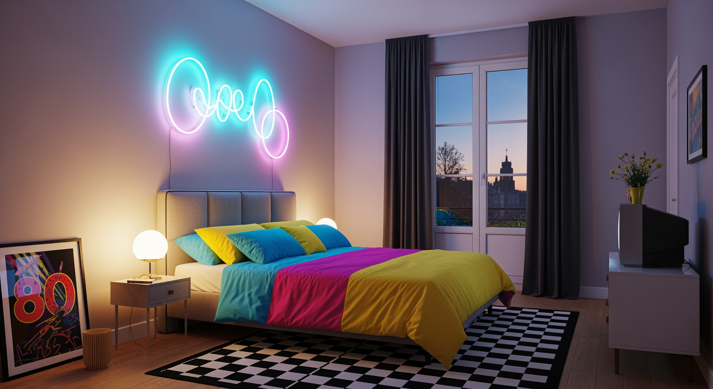 Style années 80 en chambre: idées, plans et néons