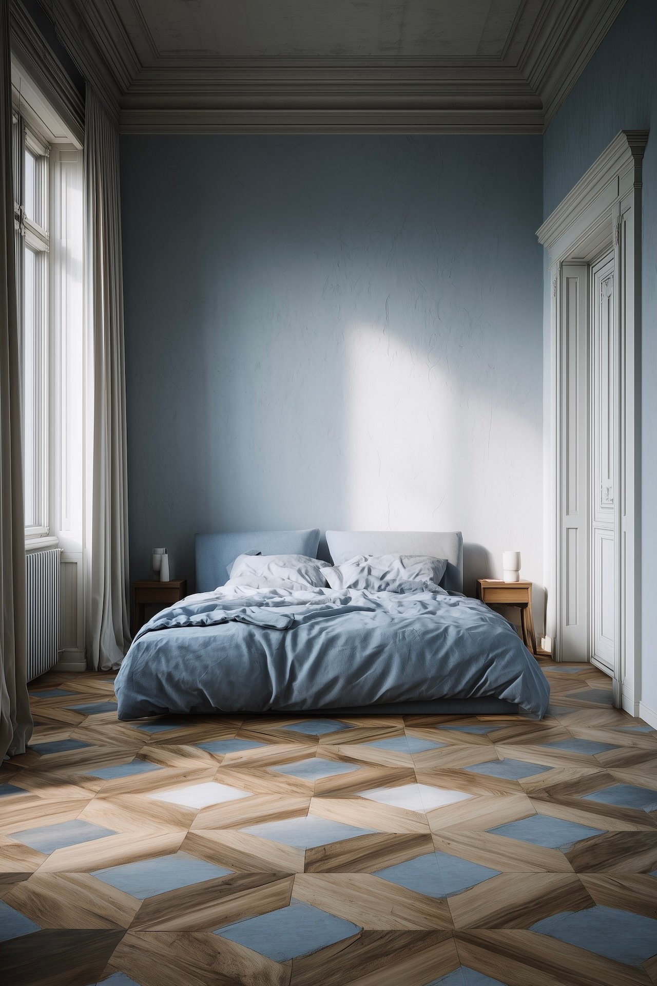 chambre bleue sol versailles coloré géométrique effet cube