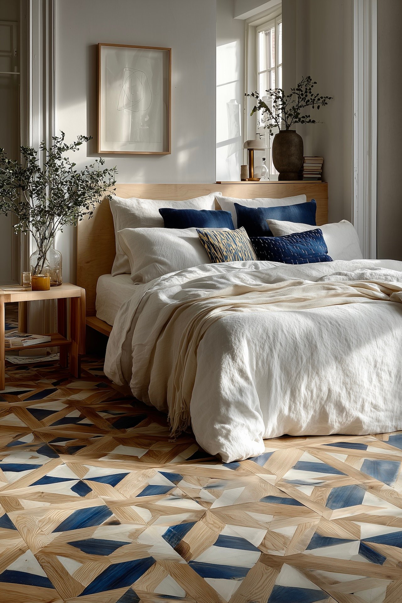 Chambre lumineuse avec lit en bois et parquet peint géométrique bleu, blanc et bois naturel, style magazine