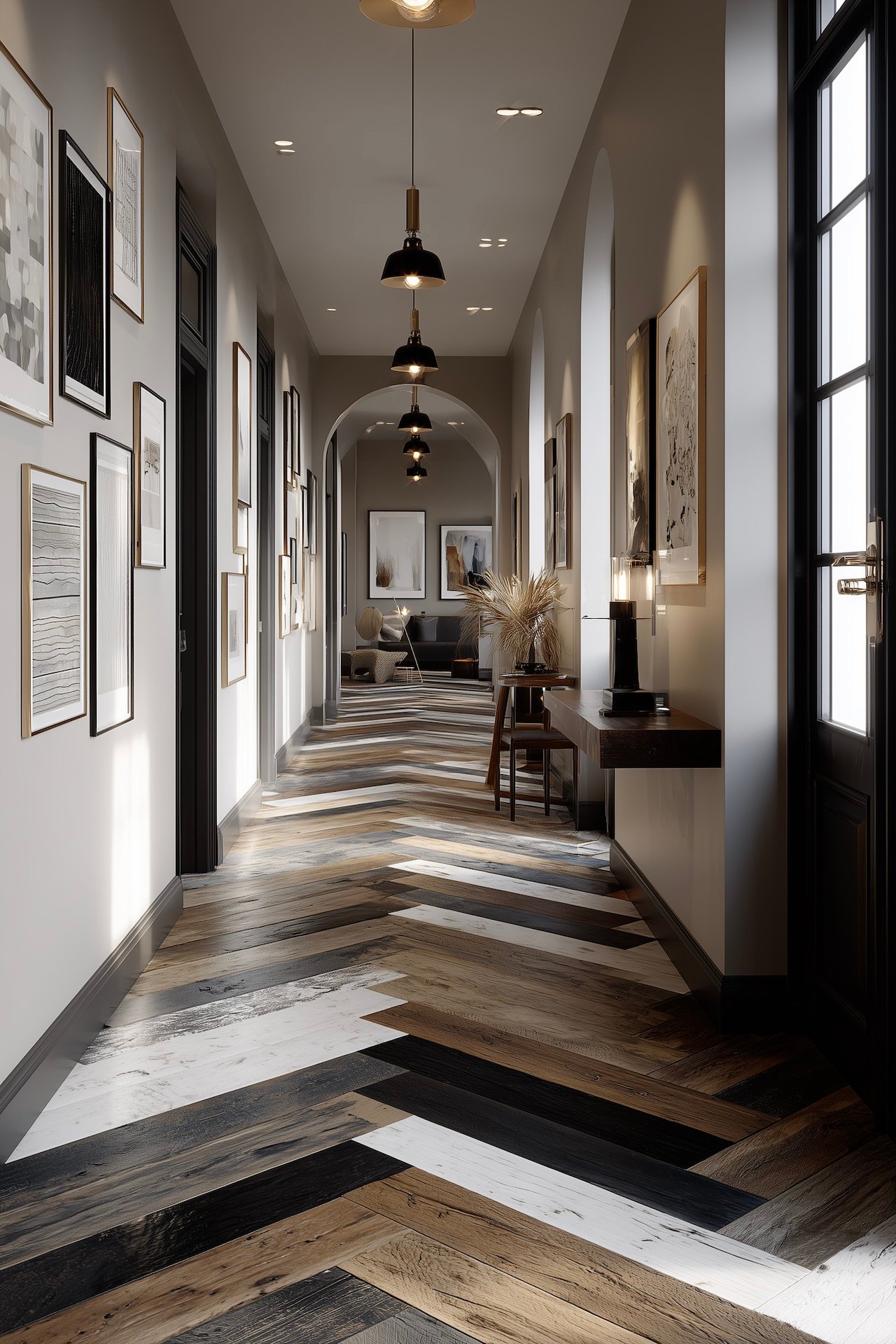 Long couloir contemporain avec murs clairs et parquet peint en diagonales noir, blanc et bois naturel