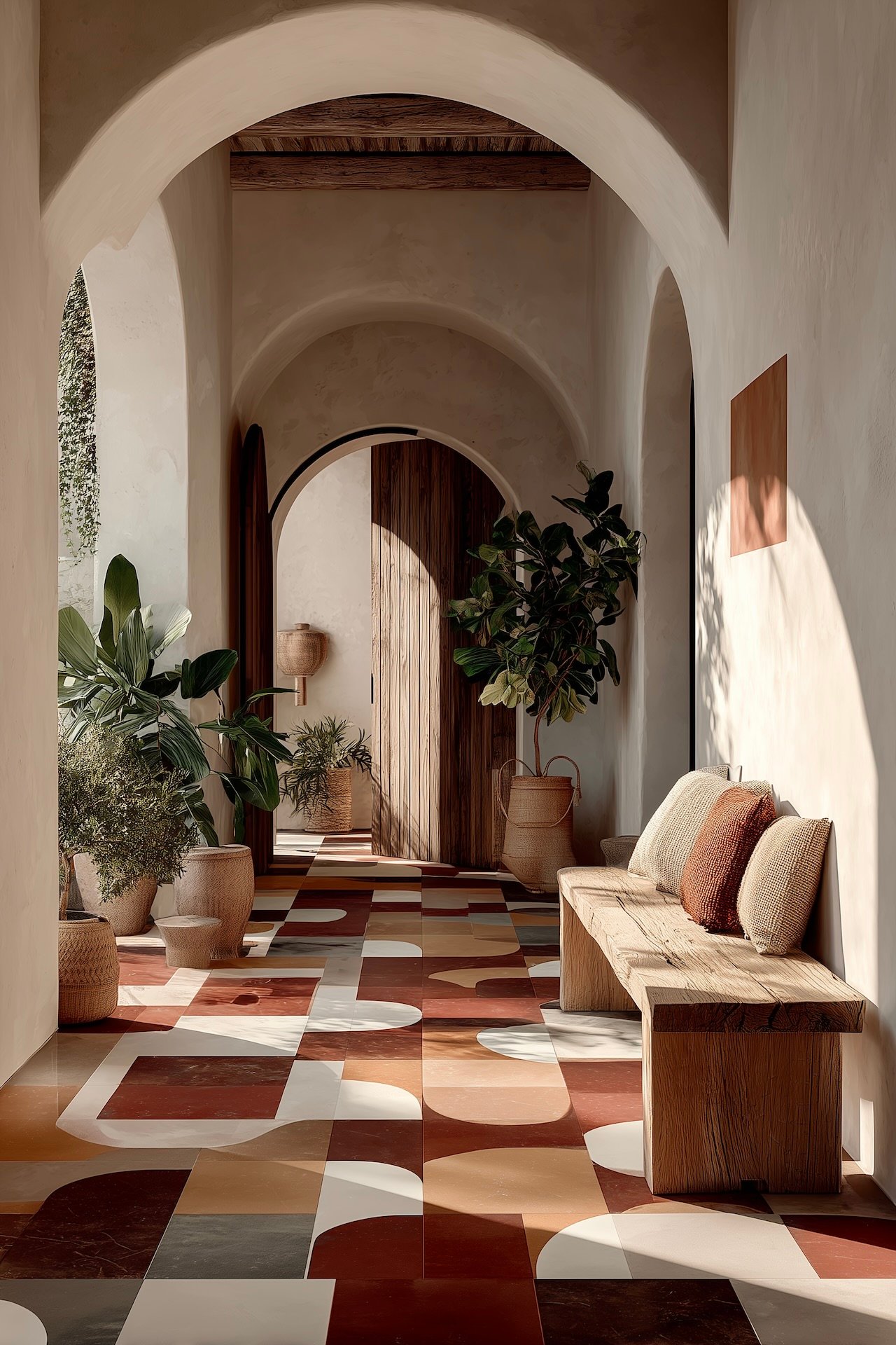 Couloir voûté avec banquette en bois et parquet peint terracotta et crème à motif arches, lumière chaude