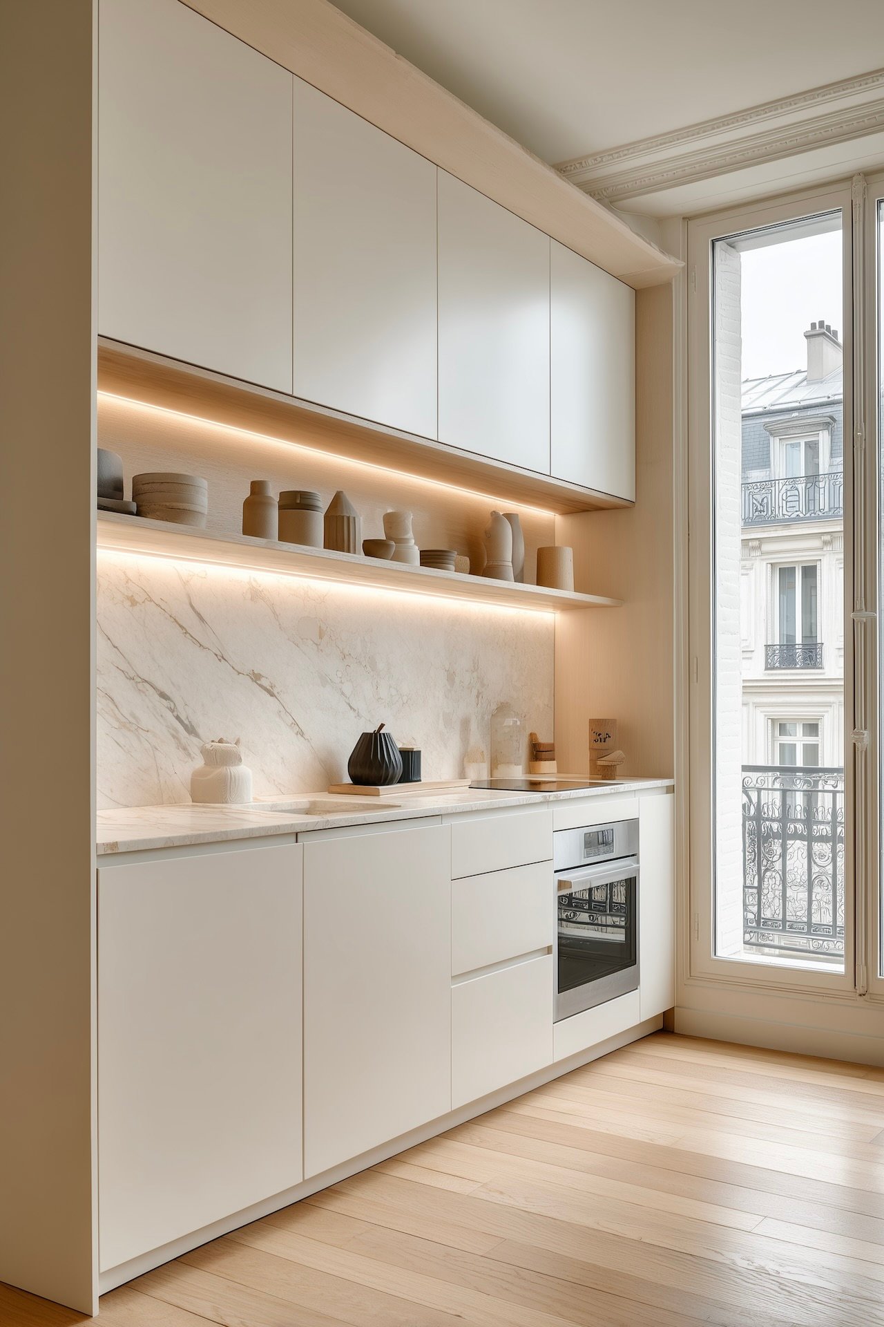 cuisine en i marbre beige appartement paris 30m2