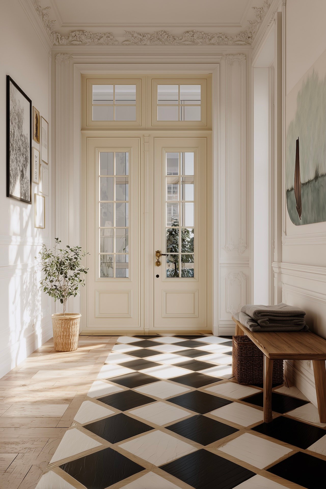 Entrée maison 1900 lumineuse avec banquette en bois et parquet peint damier noir et blanc au centre de la pièce