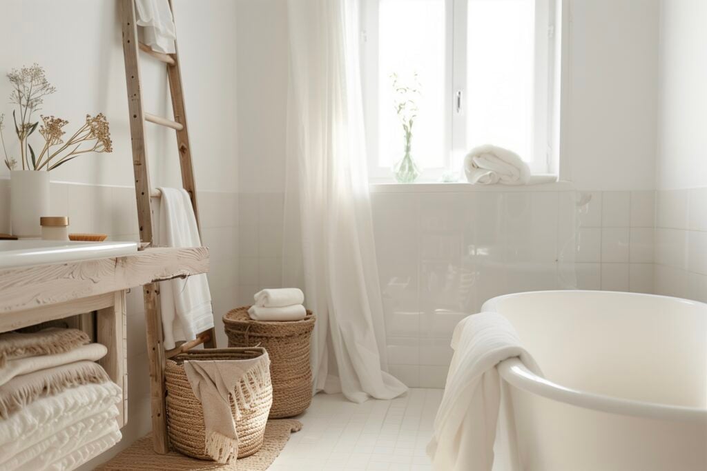 salle de bains minimaliste échelle bois baignoire ilot