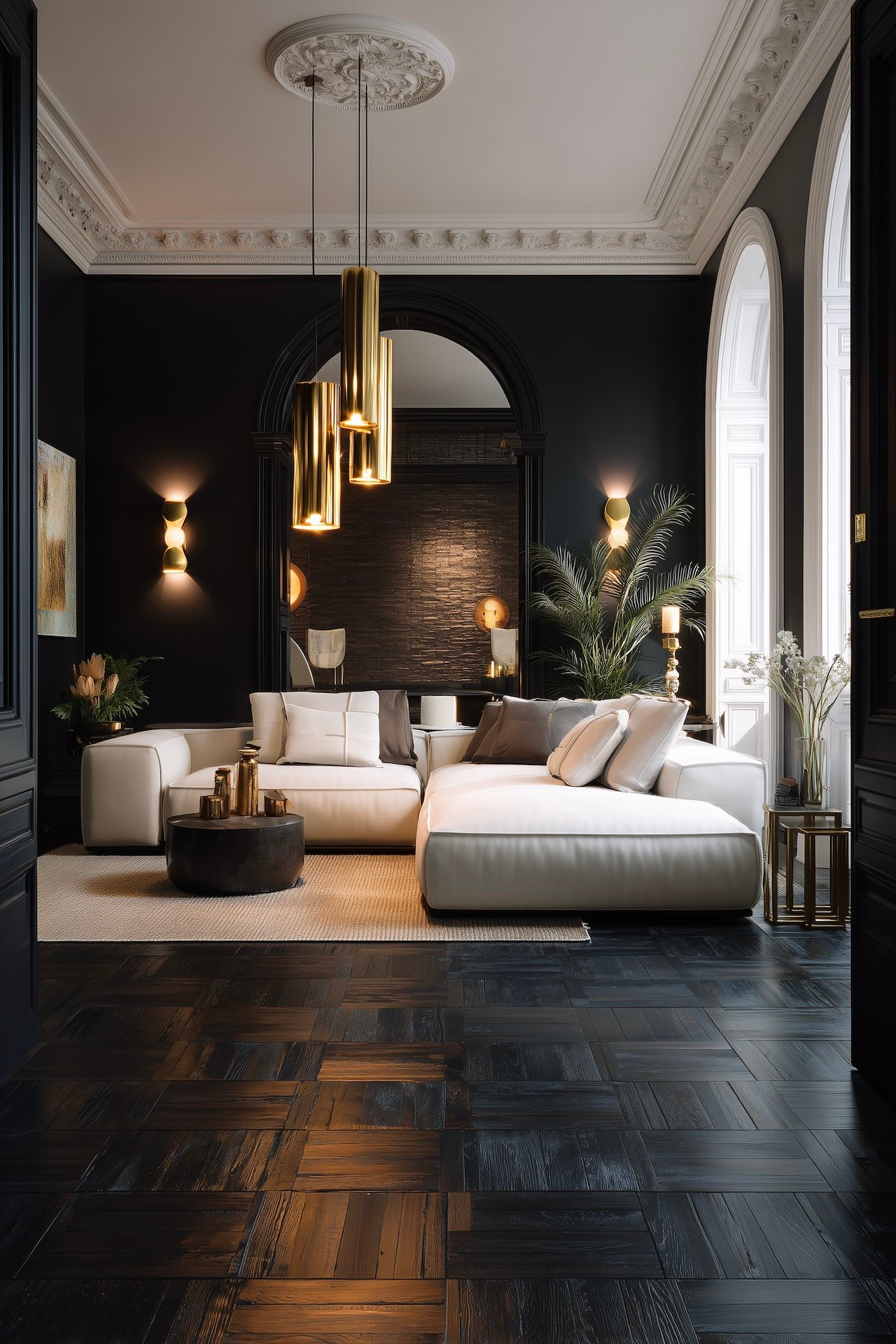 Salon élégant aux murs noirs avec canapé clair et parquet peint patchwork sombre, ambiance haut de gamme