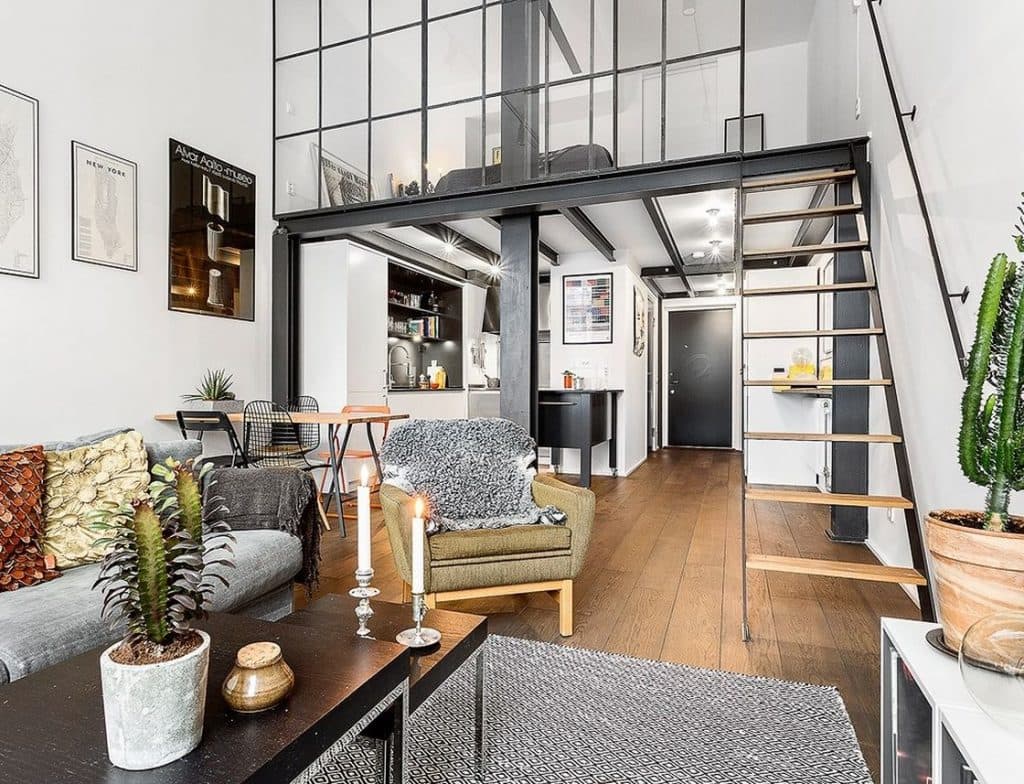 salon gris type loft vitres