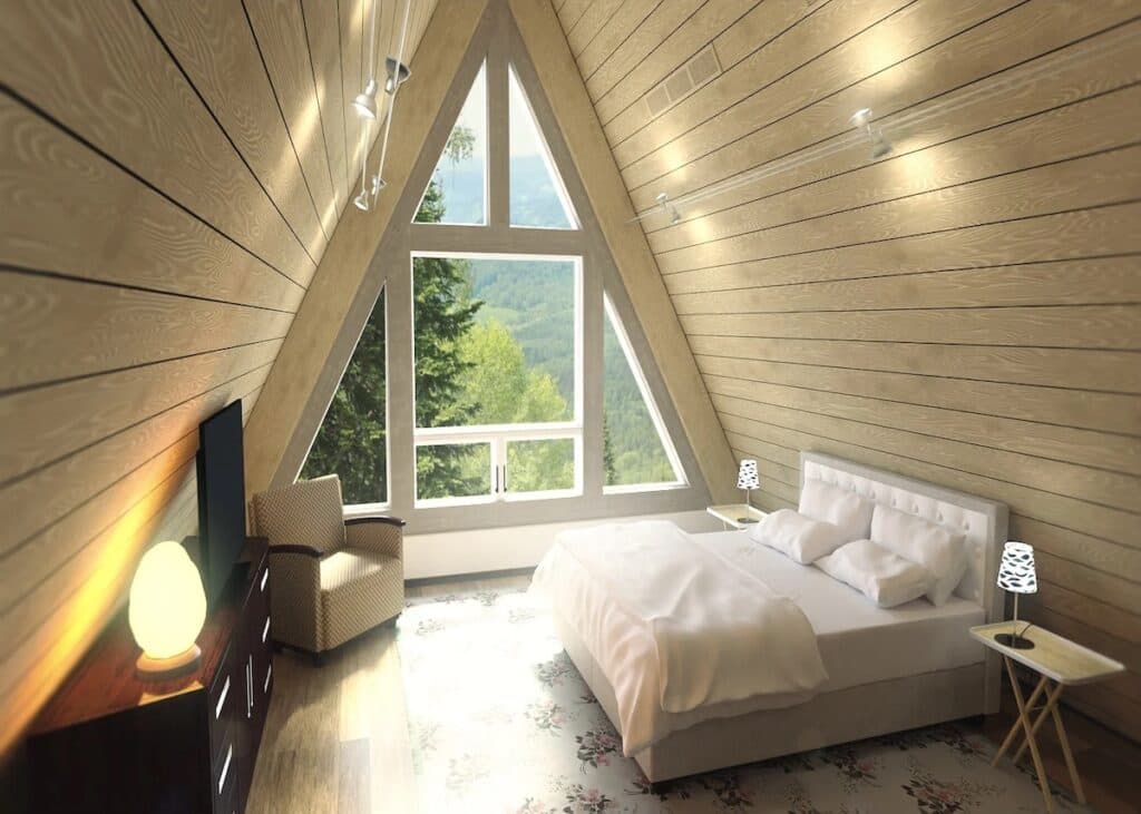 chambre mansardée en bois deco chalet lit double