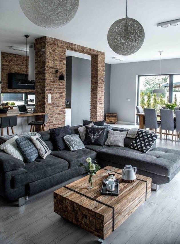 mix and match salon gris et brique