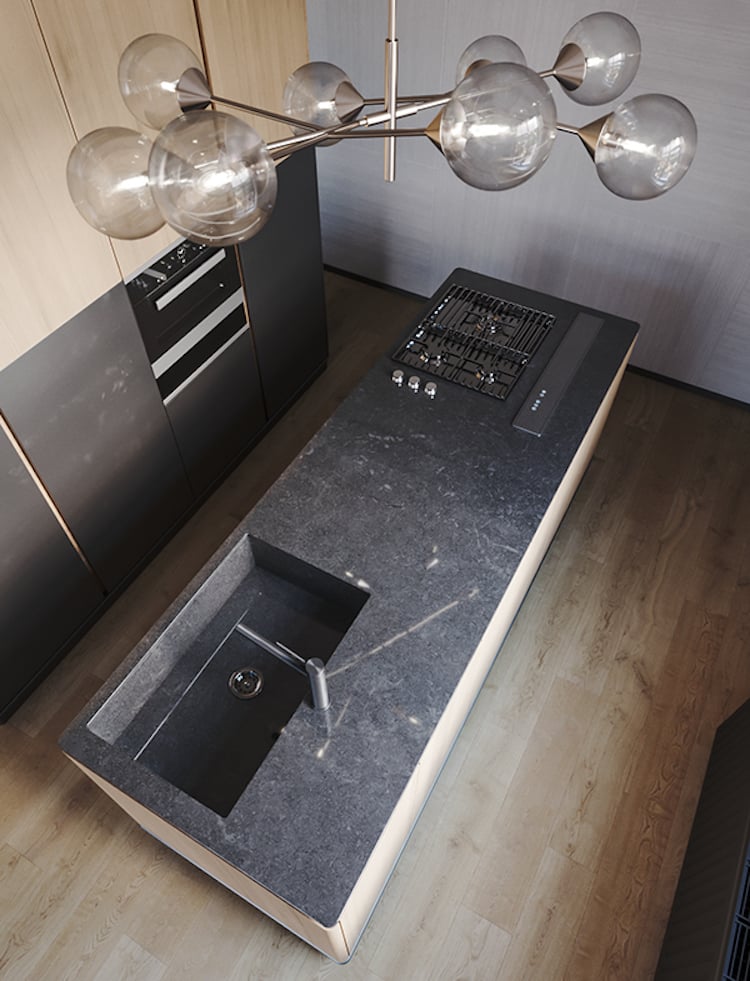 ilot centrale cuisine ouverte bois marbre suspension bulle verre laiton