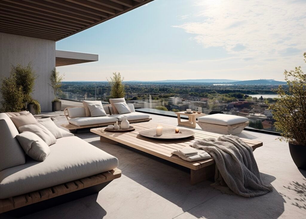 balcon elegant moderne design banquette bois coussin