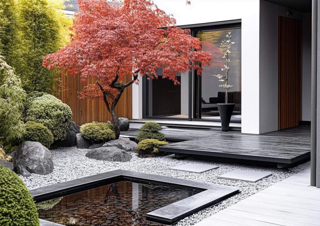 petite terrasse zen arbre rouge graviers japonais - blog déco