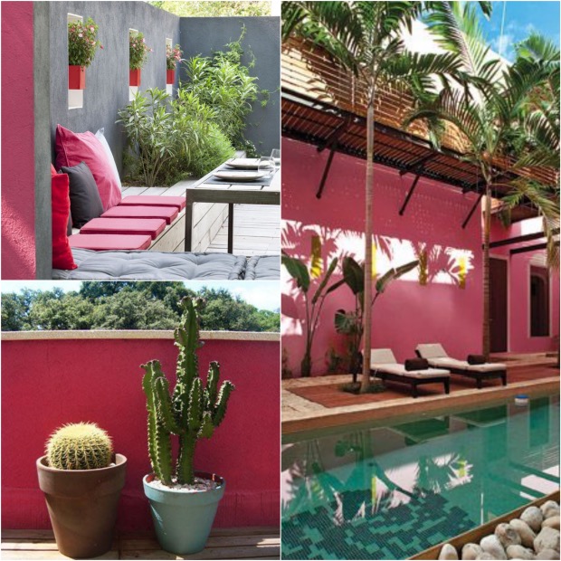 peindre mur exterieur déco rose bonbon gris piscine terrace.